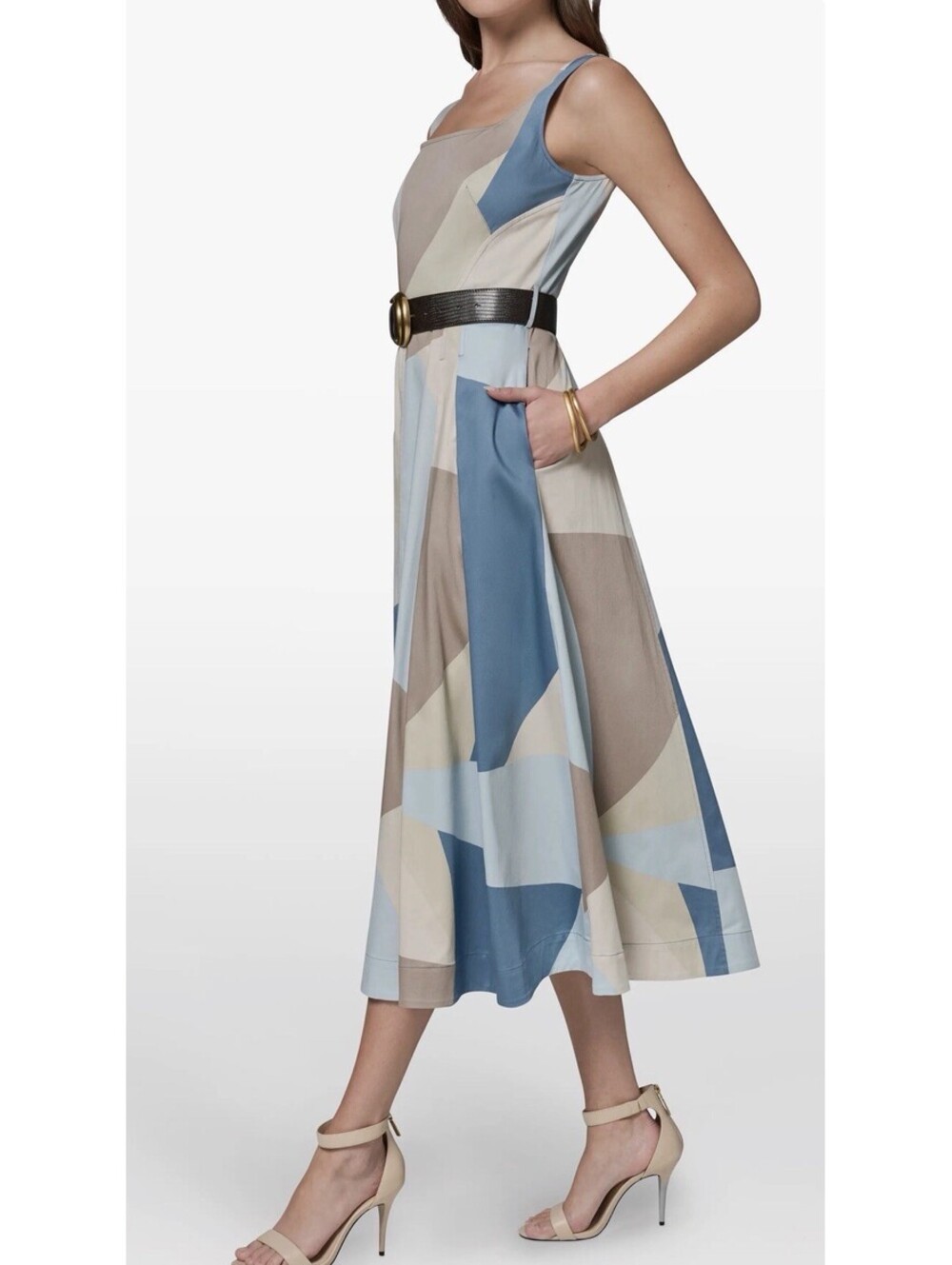 New Donna Karan Abstract Pleated Sleeveless Belted Cotton Dress Sz 14 $189 - Picture 3 of 11